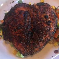 Blackened Chicken · gluten free - Campo lindo farm chicken dusted with our creole mix on dirty rice with a lime ...