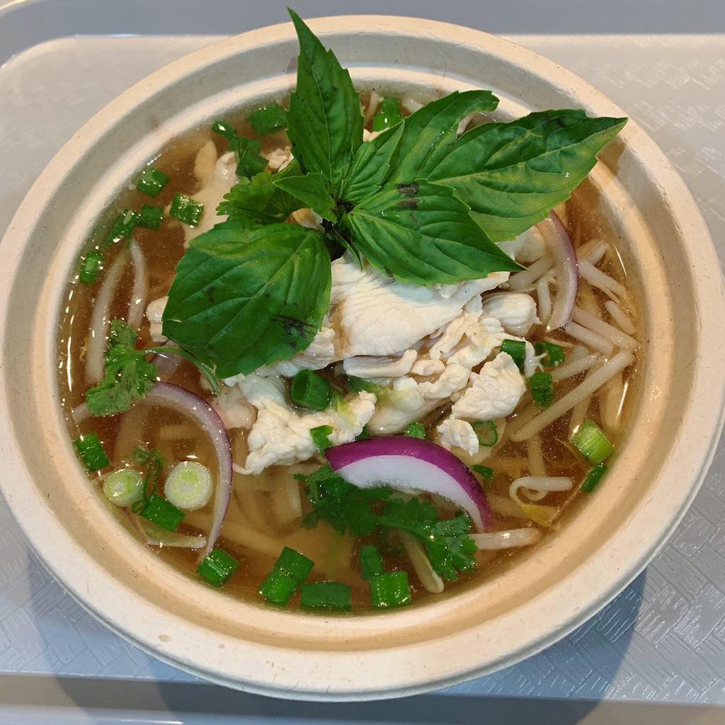 Pho Chicken Bowl · Pho chicken with  rice noodles.Topped with scallion, cilantro ,onion , jalapeno and bean sprout. 
