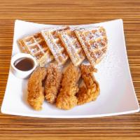 Fried Chicken And Waffles · 1 waffle and 2 fried chicken strips.