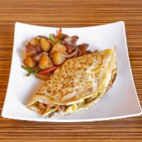 Breakfast Crepe · 1 crepe with scrambled eggs, onion, mushrooms, cheddar cheese choice of bacon, ham, chorizo,...