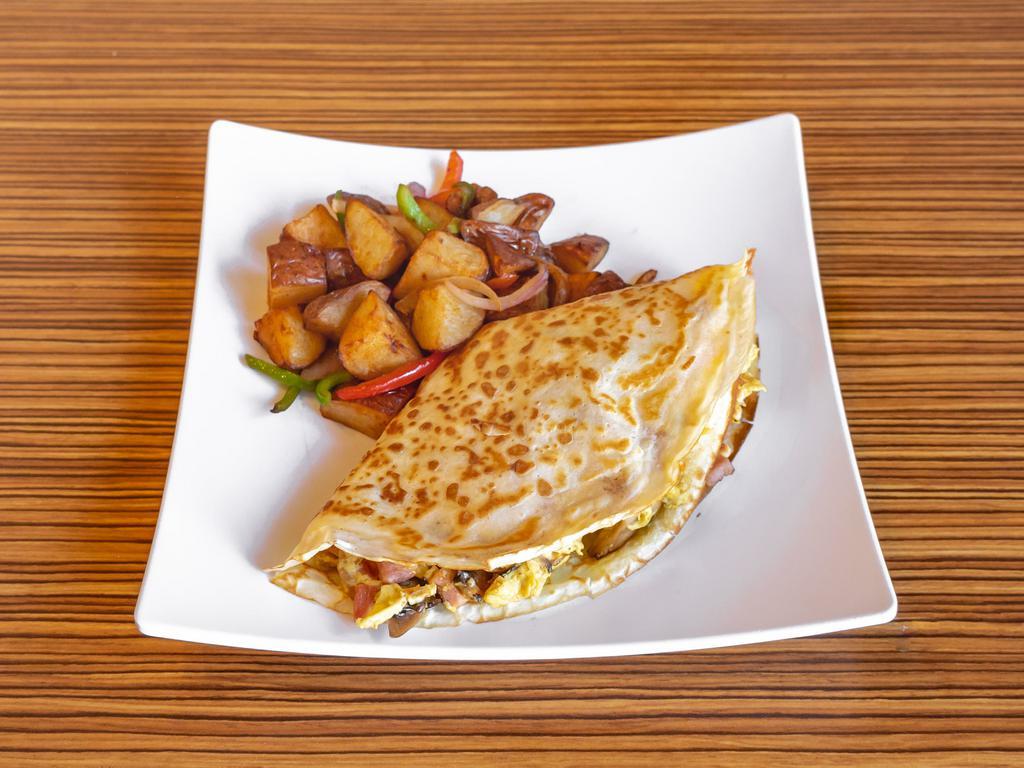 Breakfast Crepe · 1 crepe with scrambled eggs, onion, mushrooms, cheddar cheese choice of bacon, ham, chorizo, or sausage.
