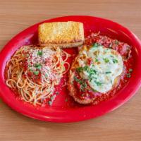 Chicken Parm Dinner House Specialties · Breaded chicken, mozzarella cheese, red sauce, served with side of pasta and Parmesan cheese.