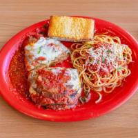 Eggplant Parm Dinner House Specialties · Breaded eggplant, mozzarella cheese, marinara sauce, served with side of pasta and Parmesan ...