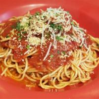 Spaghetti Meatball · Marinara sauce, spaghetti pasta and Parmesan cheese.
