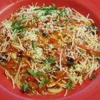 Capellini Pomodoro Pasta · Fresh tomato, garlic, basil and olive oil, capellini pasta and Parmesan cheese.