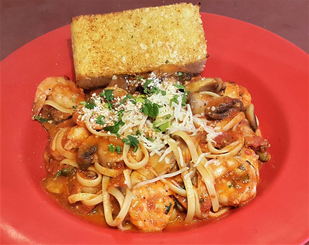 Linguini with Shrimp · Linguini pasta, shrimp, mushrooms, capers, cilantro, garlic, red sauce and Parmesan cheese.
