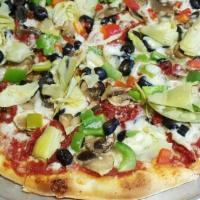 Veggie Pizza · Mushrooms, artichoke hearts, sun dried tomatoes, bell pepper, olives and mozzarella cheese.
