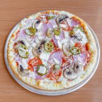 Sams Favorite Pizza · Canadian bacon, pepperoni, mushrooms, onions, jalapeno, mozzarella and Parmesan cheese.
