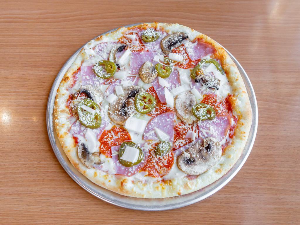 Sams Favorite Pizza · Canadian bacon, pepperoni, mushrooms, onions, jalapeno, mozzarella and Parmesan cheese.
