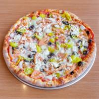 Greek Pizza · Olives, pepperoncini, tomatoes, onions, feta and mozzarella cheese.