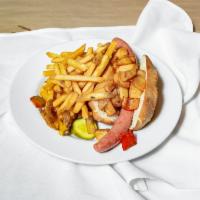 Italian Hot Dog · 1/4 lb. jumbo schickhaus boardwalk dog, sautéed peppers, potatoes, and onions. French fries.
