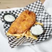 Fish and Chips · Beer battered cod fried crispy. House-made coleslaw, french fries, tartar sauce on the side.
