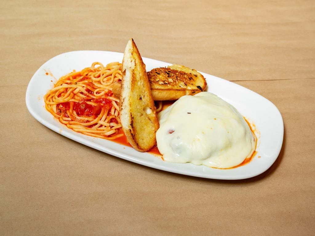Chicken Parmesan · Organic breast, san mariano marinara, 3 kinds of cheese. Spaghetti marinara and garlic bread.
