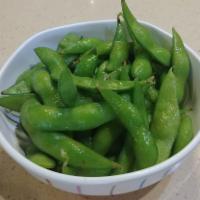 Edamame · Salted boiled green soy beans.