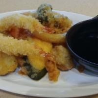 Mixed Tempura Appetizer · 11 pieces of deep-fried breaded shrimp (2 pieces) and vegetable mix (sweet potato, carrot, m...