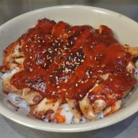 Spicy Chicken Teriyaki Donburi · Grilled boneless chicken over steamed rice with spicy teriyaki sauce and sesame seeds. Serve...