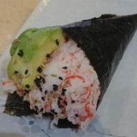 California Hand Roll · Crab, avo, sushi rice, seaweed, sesame seeds.