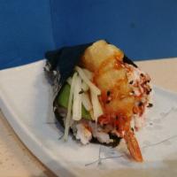 Shrimp Tempura Hand Roll · Shrimp tempura, avocado, cucumber, crab, sushi rice, seaweed, sesame seeds.