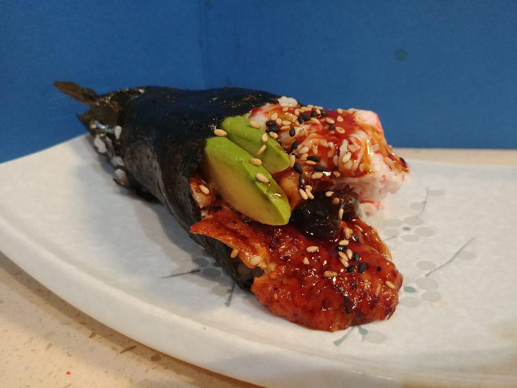 SF Hand Roll · Unagi, crab, avocado, sushi rice, seaweed, sesame seeds, unagi sauce.