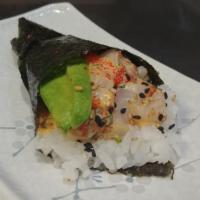 Spicy Scallop Hand Roll · Spicy scallop, avocado, sushi rice, seaweed, masago, spicy mayo sauce, sesame seeds.