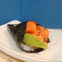 Salmon Hand Roll · Salmon, avocado, sushi rice, seaweed, sesame seeds.