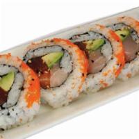 Crazy Kevin Roll · In: Salmon, Tuna, Hamachi, Avocado
Out: Masago, Sesame Seeds
Sauce: