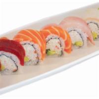 Rainbow Roll · In: Crab, Avocado
Out: Tuna, Salmon, Hamachi, Ebi (Shrimp), Avocado, Sesame Seeds
Sauce: