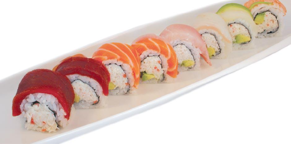 Rainbow Roll · In: Crab, Avocado
Out: Tuna, Salmon, Hamachi, Ebi (Shrimp), Avocado, Sesame Seeds
Sauce: