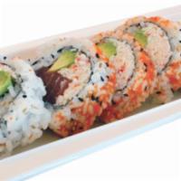 North Beach Roll · In: Tuna, Crab, Avocado
Out: Masago, Sesame Seeds
Sauce: