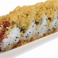 Go Go Roll · In: Shrimp Tempura, Crab, Avocado
Out: Crunch Flakes, Sesame Seeds
Sauce: Unagi
