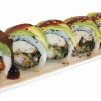 Caterpillar Roll · In: Shrimp Tempura, Cucumber, Crab, Unagi
Out: Avocado, Sesame Seeds
Sauce: Unagi
