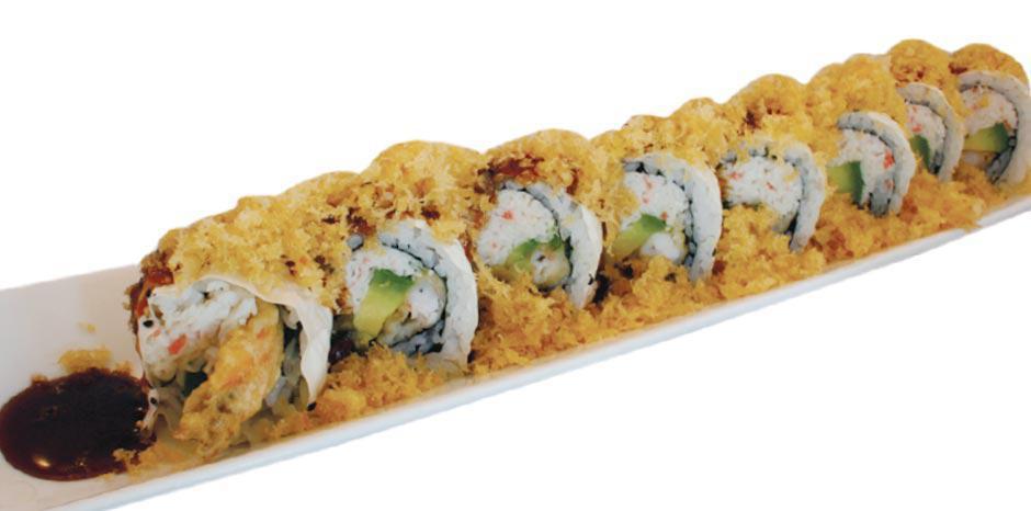 Crunch Roll · In: Shrimp Tempura, Crab, Avocado, Cucumber
Out: Soy Paper, Crunch Flakes, Sesame Seeds
Sauce: Unagi