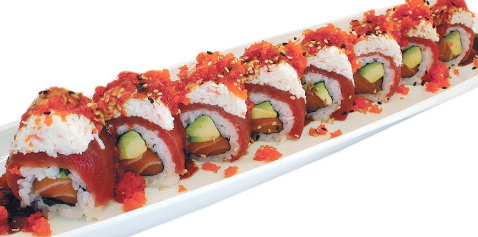 Golden Gate Roll · In: Salmon, Avocado
Out: Tuna, Crab, Masago, Sesame Seeds
Sauce: Unagi
