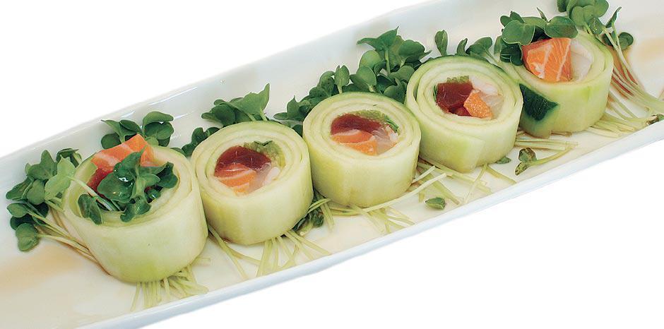Bally Roll · In: Tuna, Salmon, Hamachi, Ebi, Kaiware
Out: Cucumber Wrap (no rice/no seaweed)
Sauce: Ponzu