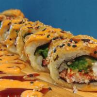 Spicy Crunch California Roll · (DEEP-FRIED)
In: Spicy Crab, Avocado, Cream Cheese
Out: Sesame Seeds
Sauce: Unagi, Spicy May...