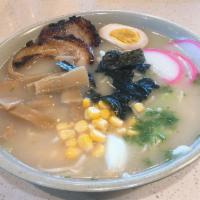 Tonkatsu Ramen · Ramen noodles in pork-based broth with 2 pieces chashu (BBQ pork), fish cake, bamboo, half h...