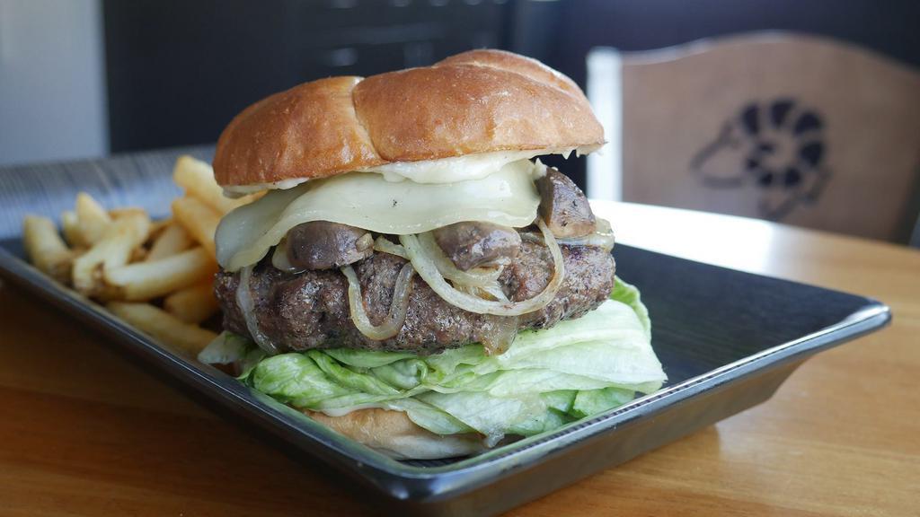Wagyu Beef Burger · 1/2 lb. grilled American Wagyu beef patty |
topped with garlic roasted mushrooms |
Wisconsin creamy havarti cheese |
caramelized onions | iceberg lettuce |
garlic mayo | grilled kaiser bun 