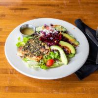 Chimichurri & Beet Salad · Grilled salmon or shrimp topped with chimichurri, beets, Goat cheese, and avocado served wit...