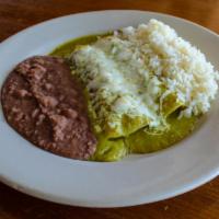 Verde Enchiladas · A mild green sauce prepared with roasted tomatillos, onions, and cilantro. Served in corn to...