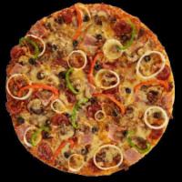 New York's Finest Pizza · Italian sausage, ham, pepperoni, bacon, ground beef, black olives, mushrooms, onions and bel...