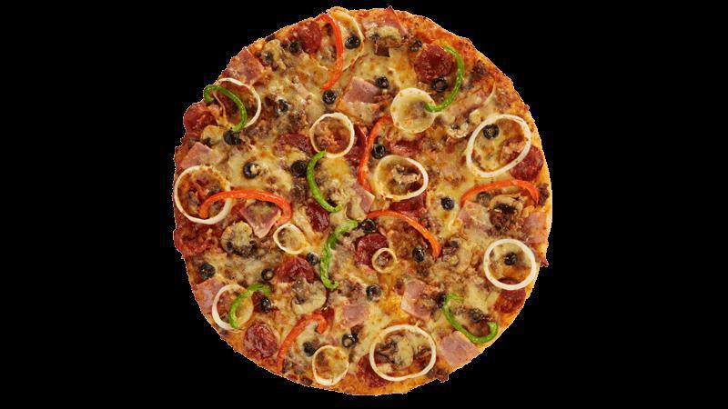 New York's Finest Pizza · Italian sausage, ham, pepperoni, bacon, ground beef, black olives, mushrooms, onions and bell peppers.