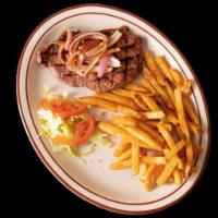New York Steak · Served with french fries.