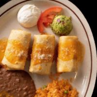 Flautas · 3 pieces of crisp flour tortillas, filled with shredded beef, shredded chicken, or ground be...