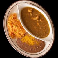 Chile Verde · Tender pieces of pork cooked in a special tomatillo sauce. Served with rice and bean.