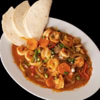 Arroz con Camarones · Shrimp cooked in La Costa sauce with mushrooms, onions, bell peppers, and celery. Served ove...