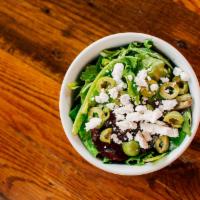Side Salad · Mixed greens, Castelvetrano olives, salted ricotta, and balsamic vinaigrette.