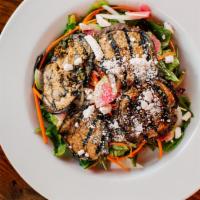 Marinated Eggplant Salad · Grilled eggplants marinated in a balsamic vinaigrette on a mixed green salad with watermelon...