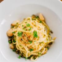 Aglio & Olio (Vegan) · Organic roasted garlic and parsley tossed in olive oil. Topped with sourdough breadcrumbs an...