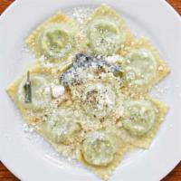 Handmade Ravioli · Handmade ravioli filled with artisan ricotta and organic spinach, served with a sage infused...