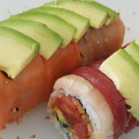 *Rainbow Roll Special · (Raw)
Spicy *tuna, *salmon, *yellow tail, avocado, cucumber topped with *tuna, *salmon,*yell...
